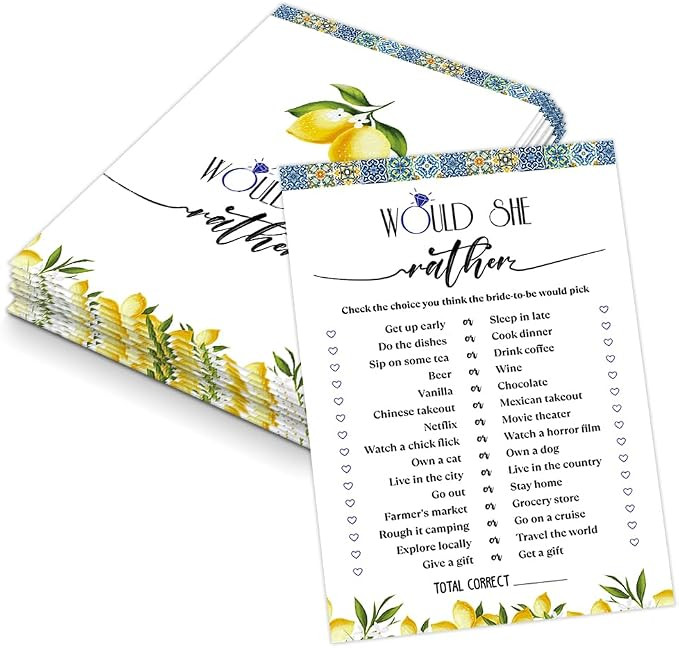 Blue Tiles and Lemons Would She Rather Game for 30 Guests with Game Cards, Lemons Bridal Shower G... | Amazon (US)