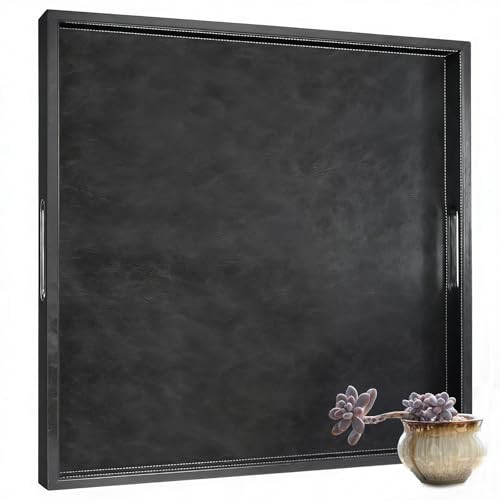 25 x 25 inches Leather Ottoman Serving Tray with Hole Handles, Square Large Modern Service Tray for Living Room, Coffee Table, Bed, Tea, Food, Butler Countertop, Kitchen, Dinner, Picnic (Black) | Amazon (US)