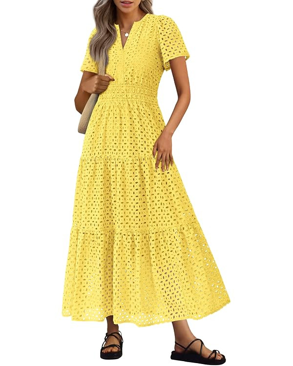 PRETTYGARDEN Womens 2026 Summer Maxi Dress Short Sleeve V Neck Hollow Out Eyelet A Line Long Flow... | Amazon (US)