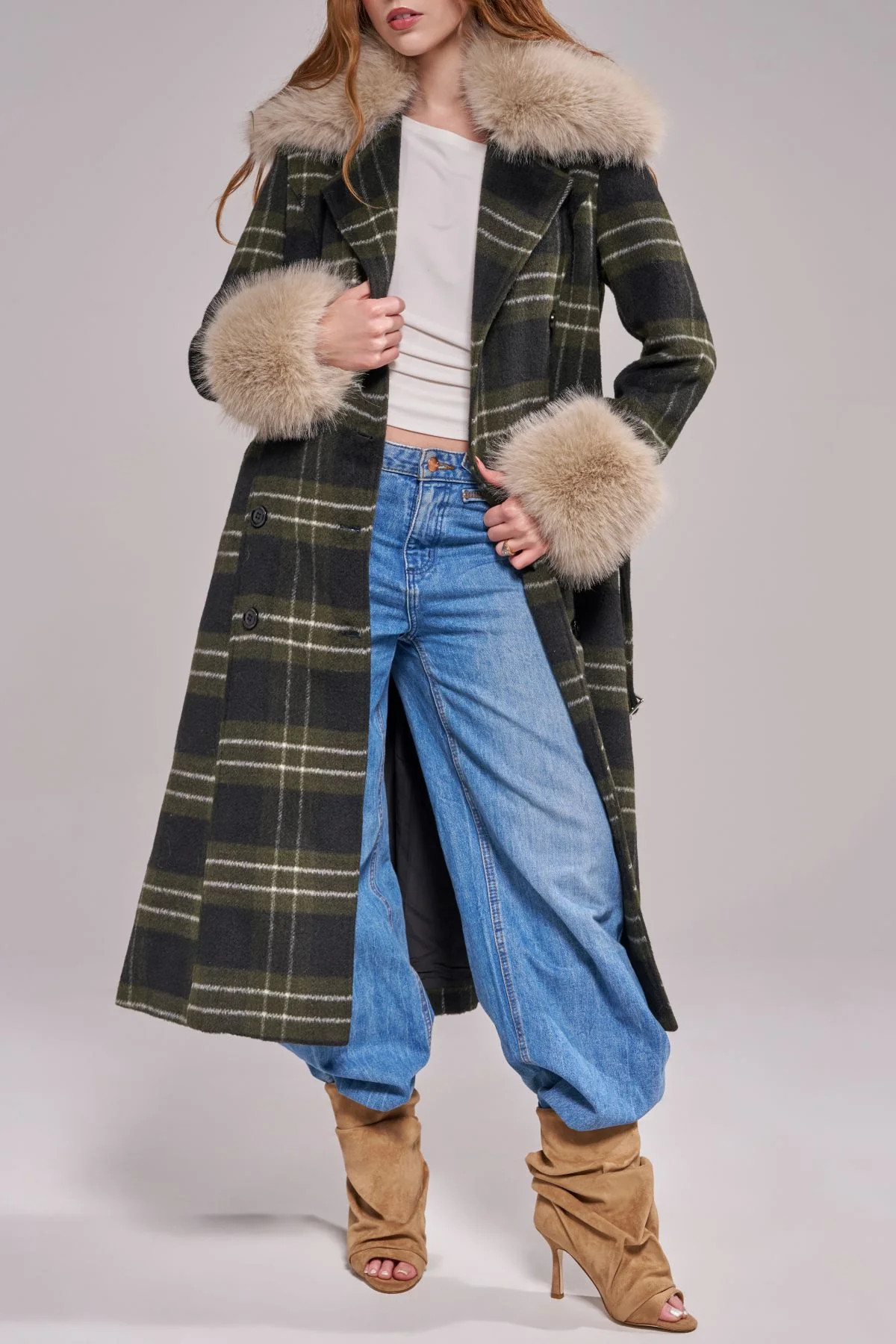 AVENNA-GREENPLAID LONG FAUX FUR TRENCH COAT | Azalea Wang