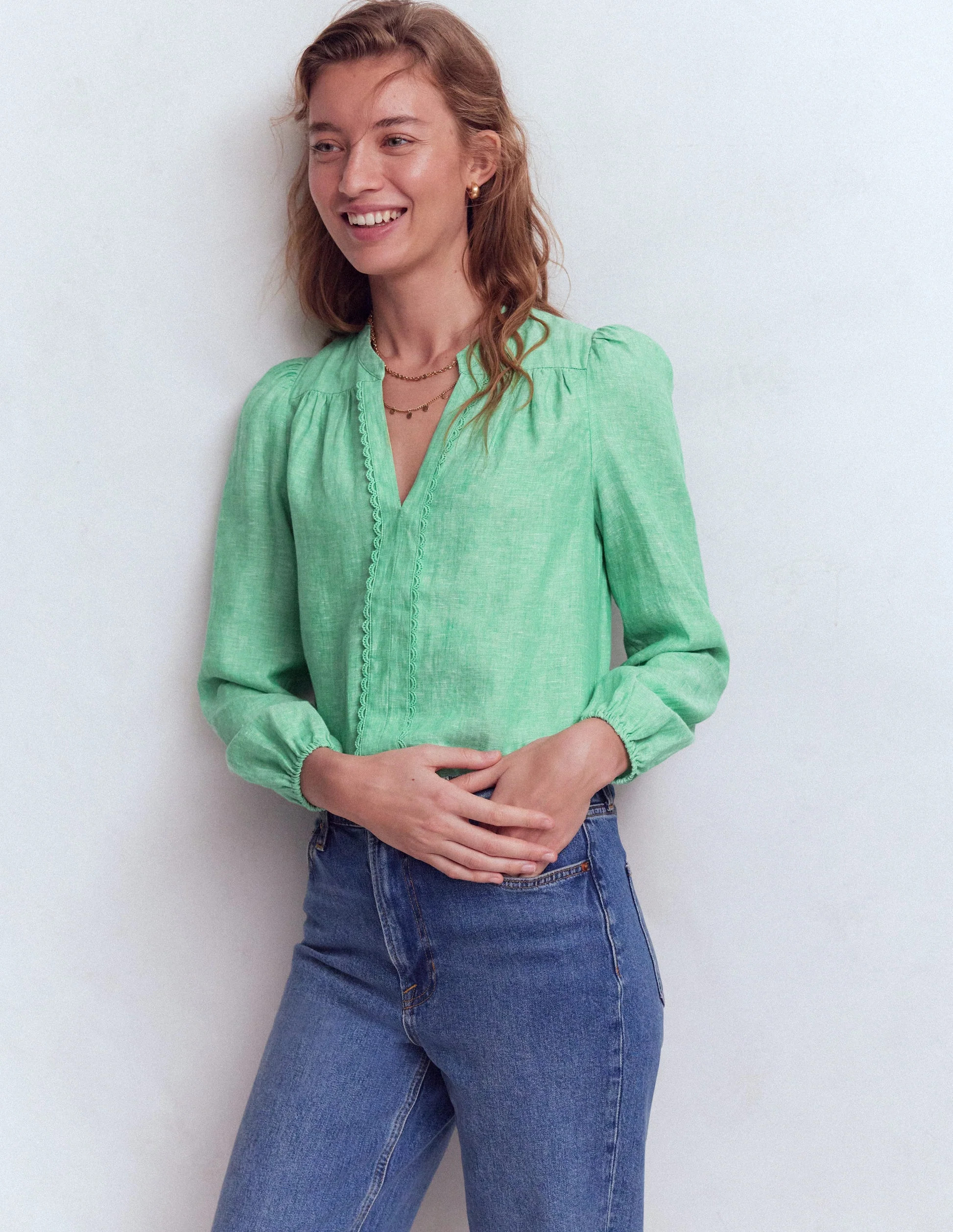 Linen Trim Insert Top-Aloe Green Chambray | Boden (US)