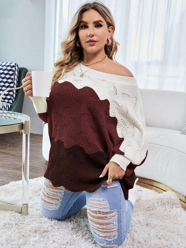 Plus Color Block Pointelle Knit Batwing Sleeve Sweater | SHEIN