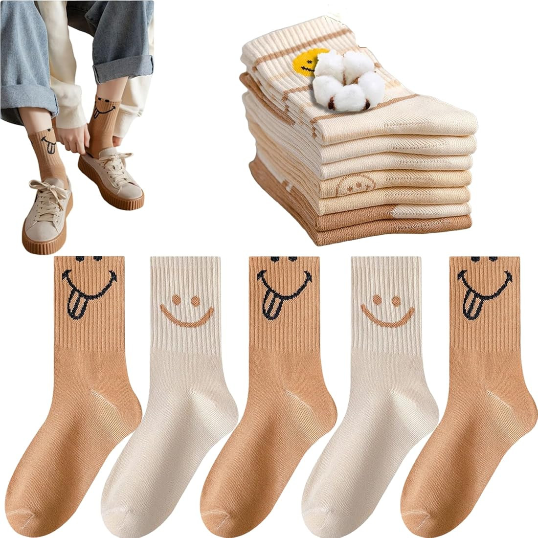 5 Pairs Cute Women Fun Smile Face Ankle Sock Knitted White Novelty Comfy Cotton Girl Dress Funny ... | Amazon (US)