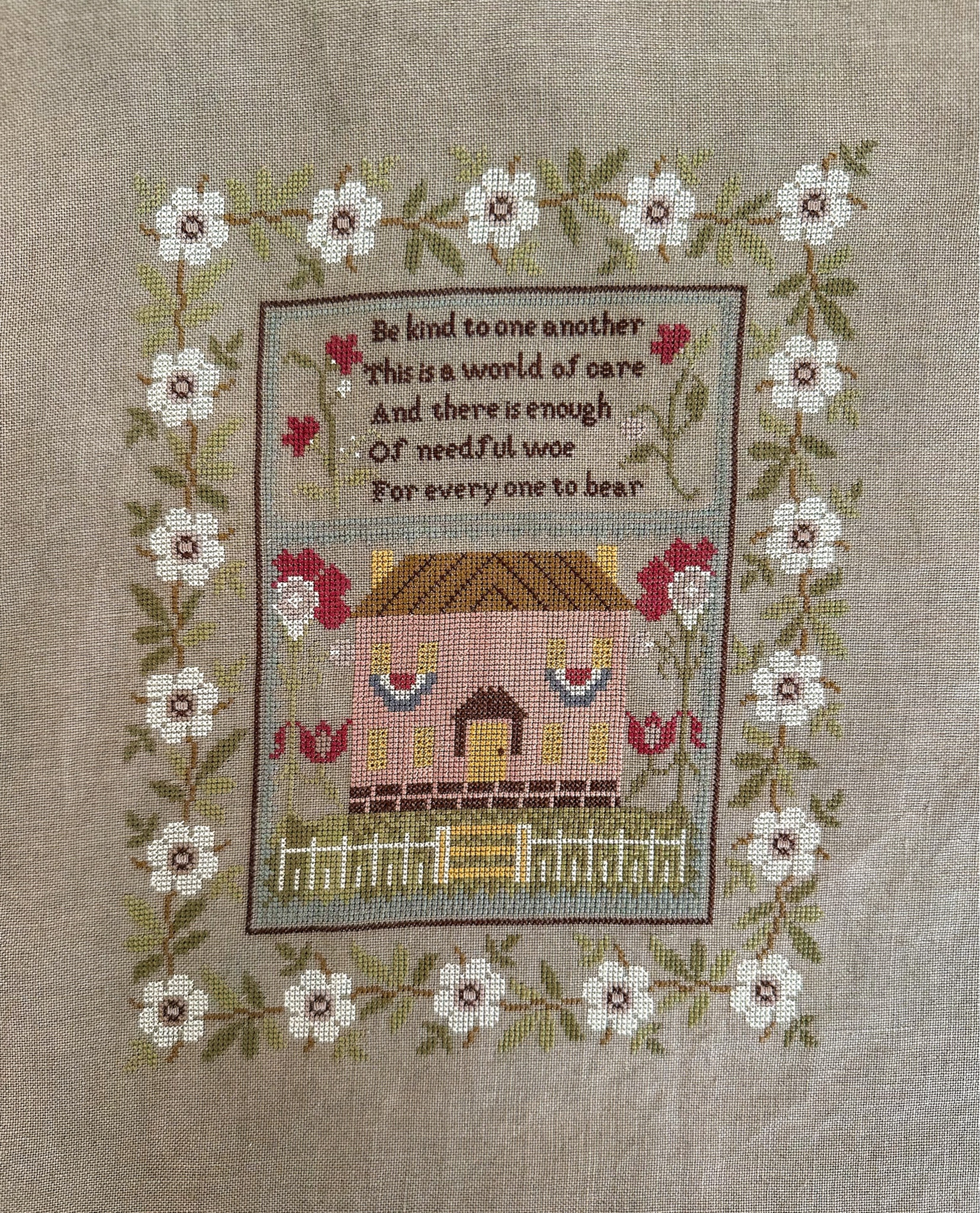 Be kind to one another 
This is a world of care 
And there is enough 
Of needful woe
For everyone to bear 
.
Finished stitching Be Kind Sampler by
Changed a few things on this design, with the biggest one being the pink house that I so adore. 
Stitch what you love and have fun with changing it up. I used two dmc floss colors for the grass and leaves to give it a variegated look and also added a knob to the front door. 🥰 If you’d like my conversion of floss DM me, I’ll be happy to share. 
Love y’all mucho! 🫶🏻
*****
Pattern: Be Kind by Stacy Nash 
Floss- Converted to DMC 
Fabric- 36 Linen, R&R Reproduction 18th Century Rook
*****
.
.


#LTKHome #LTKSeasonal #LTKOver40