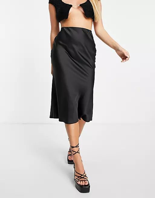 Miss Selfridge satin bias cut midi skirt in black | ASOS (Global)