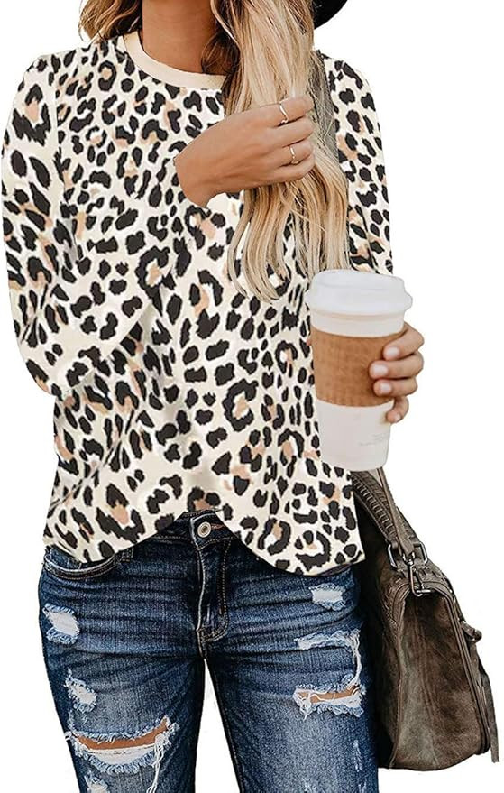 BTFBM Women's Leopard Print Long Sleeve Crew Neck Fit Casual Sweatshirt Pullover Tops Shirts | Amazon (US)