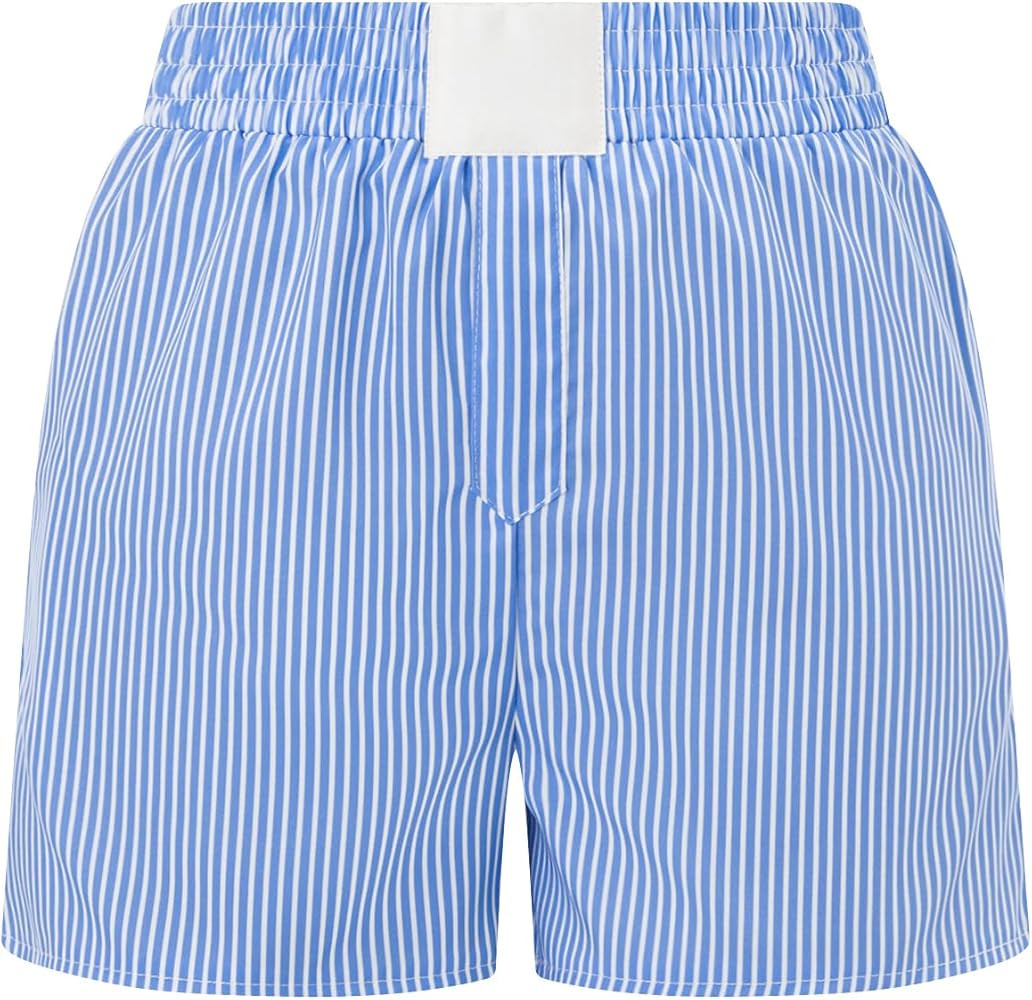Womens Plaid Striped Boxer Shorts Elastic Waist Pajama Shorts Cute Gingham Sleepwear Y2k Sleeping... | Amazon (US)
