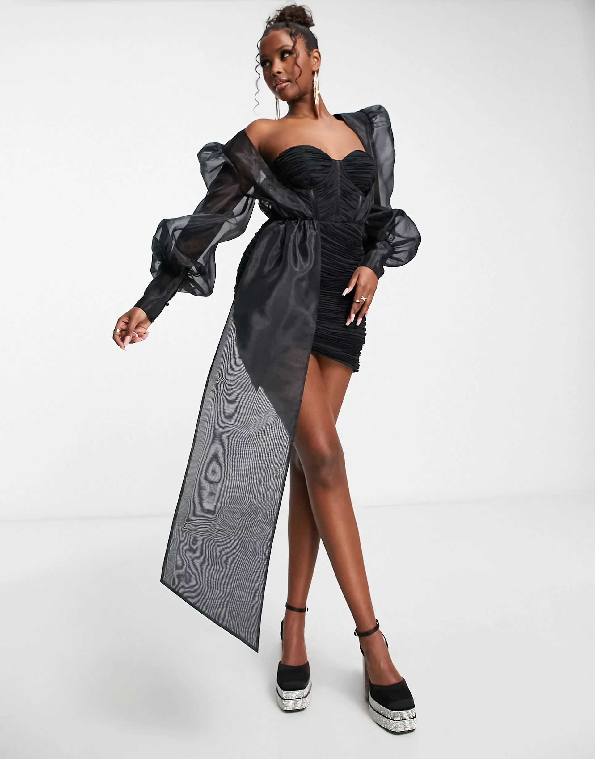 ASOS LUXE corsetted chiffon draped sash mini dress with organza sleeve in black | ASOS (Global)