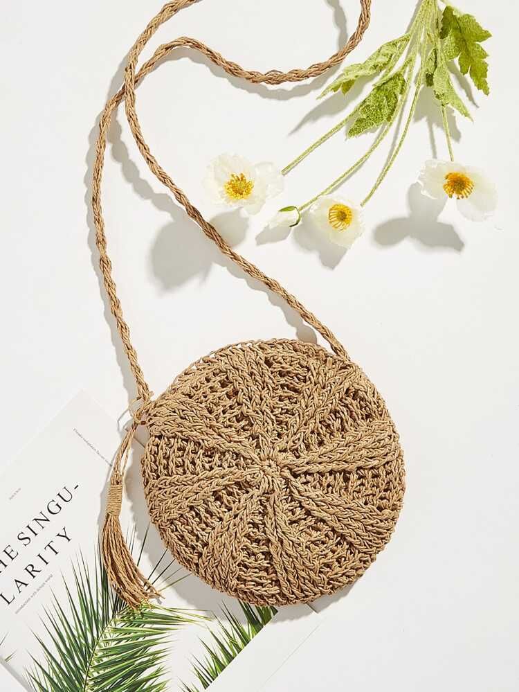 Tassel Detail Round Straw Crossbody Bag | SHEIN