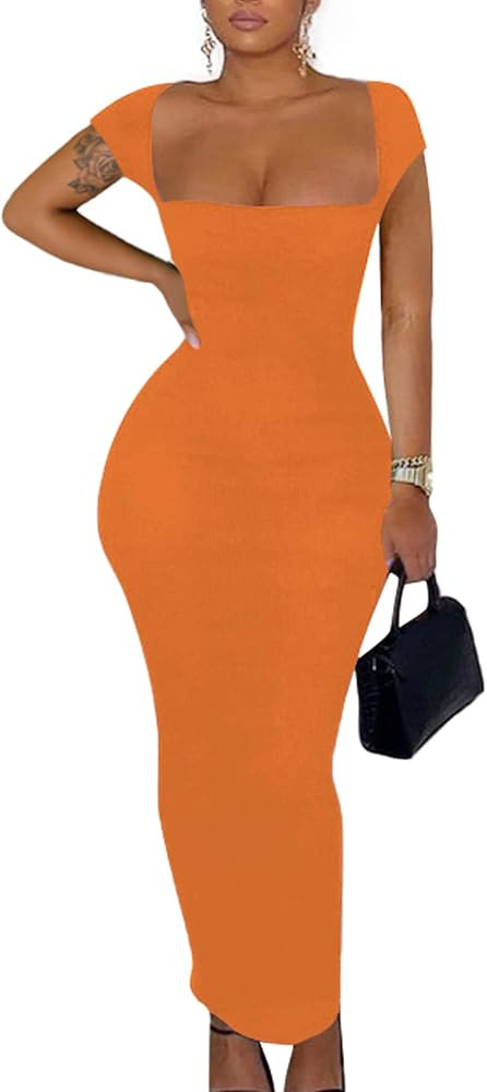Doweha Women's Square Neck Long Sleeve Maxi Dress Sexy Knit Bodycon Long Dress for Women | Amazon (US)