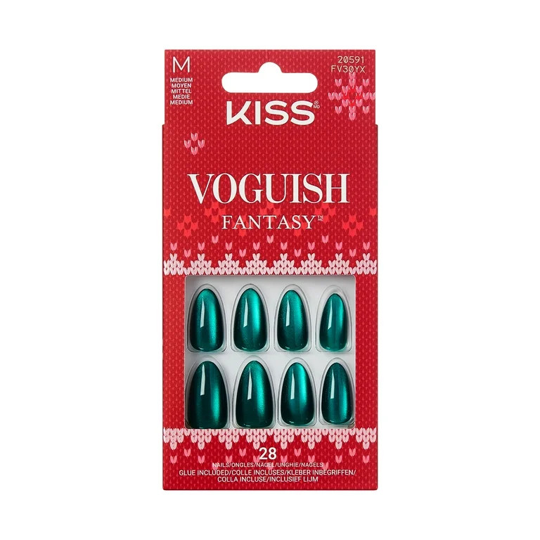 KISS Voguish Fantasy Holiday Press On Nails Almond, ‘Holiday Gala’, Green, Medium, 28 Count | Walmart (US)