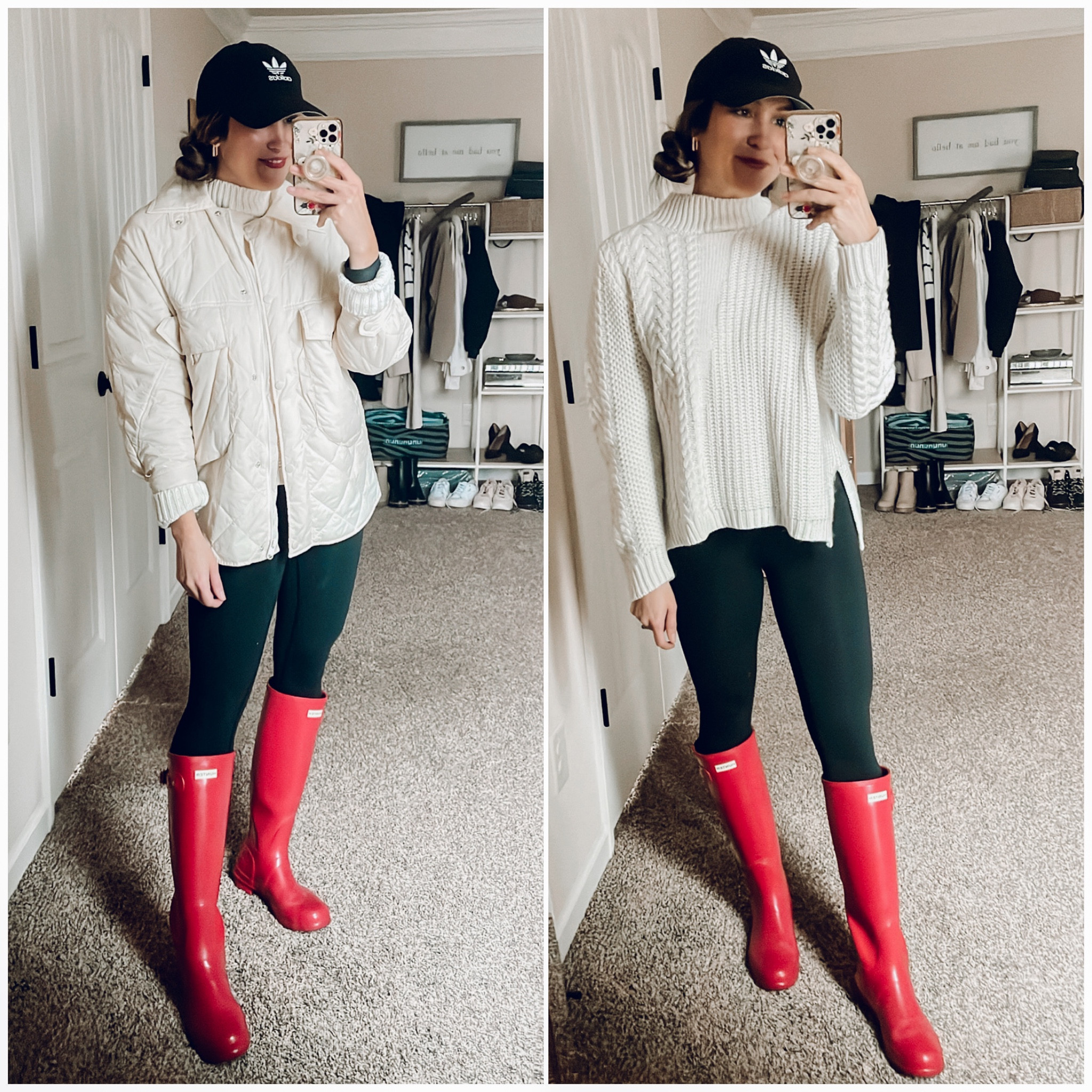 Rainy Day Outfit 🌧️ These red Hunter boots are tried and true! I got them over 8 years ago for Christmas and they still look and feel new! They are SO EASY to pair with neutrals to make any outfit a little more fun! They fit TTS. The packable shacket and sweater are on sale and 30% off right now if you are a member! I sized up to medium in the sweater for a longer, more oversized look. The shacket is oversized slightly- I got an XS and have plenty of layering room. They both come in a couple different colors. 

#LTKsalealert #LTKGiftGuide #LTKCyberWeek
