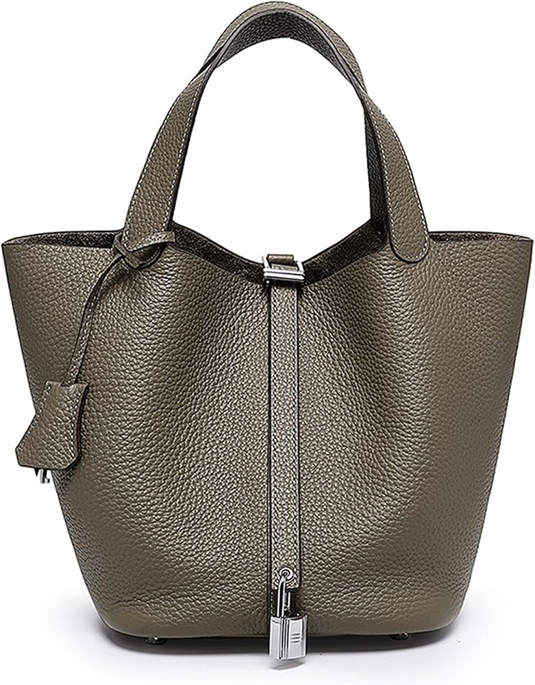 Women's HandBag Leather Lychee Pattern Top Vegetable Basket with Lock Bucket Bag Solid Color Tote... | Amazon (US)