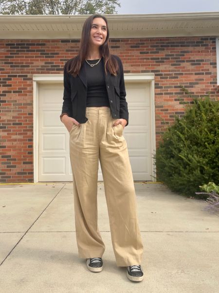 black crop jacket with wide leg khakis 

#LTKstyletip #LTKworkwear