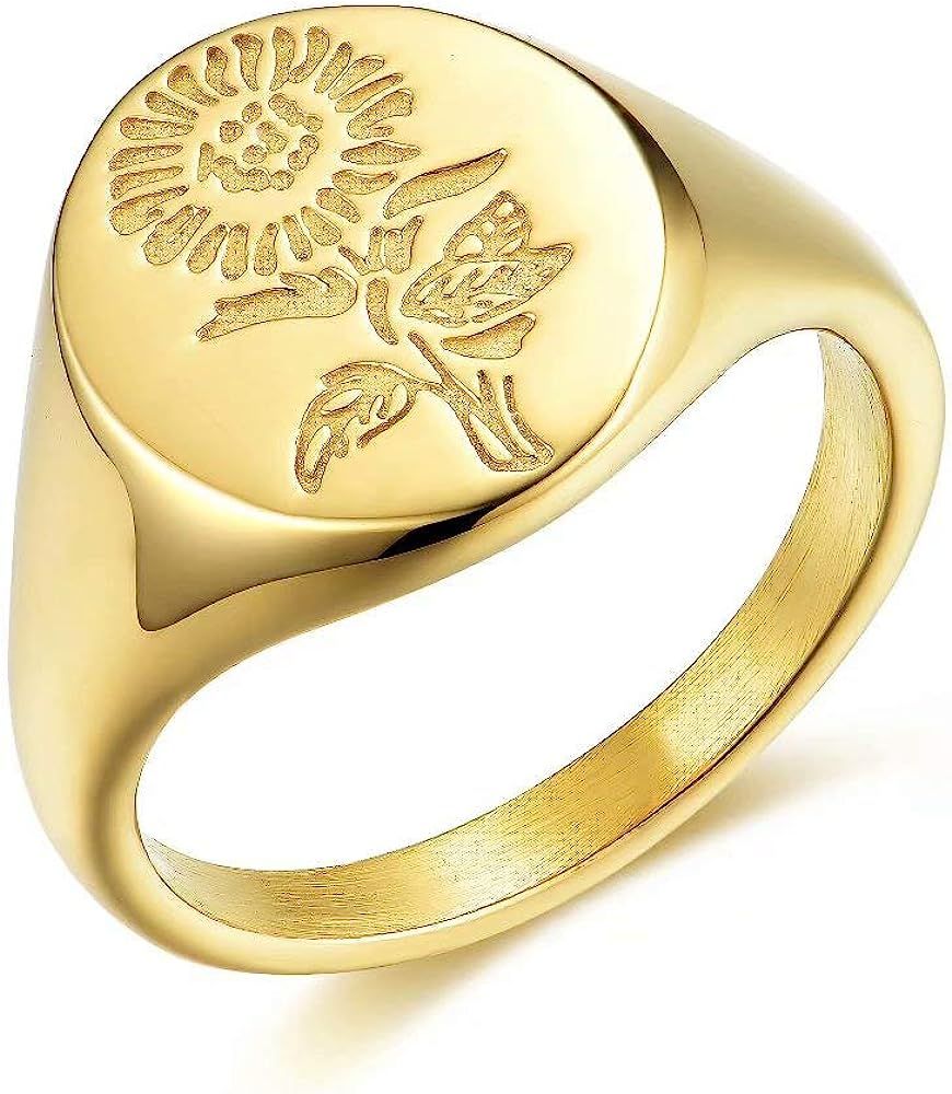 BAOWING 18K Gold Sunflower Rings | Chunky Dome Signet Ring | Stainless Steel Minimalistic Stateme... | Amazon (US)