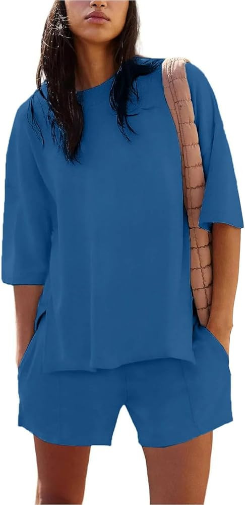 Womens 2 Piece Sets Summer Outfits Half Sleeve Crew Neck Shirts Baggy Shorts Cute Matching Sets C... | Amazon (US)