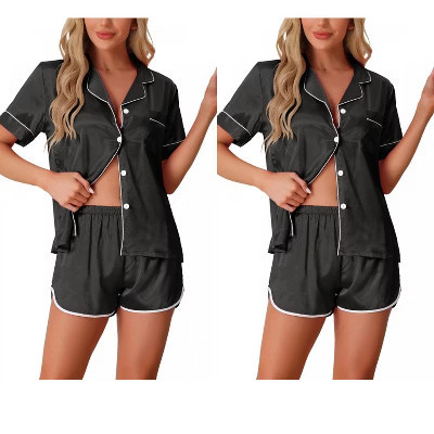INSPIRE CHIC Women's 2 Pcs Satin Pajamas Silky Short Sleeve Button Down Pajama Sets XX-Large 2 Pack Black | Target