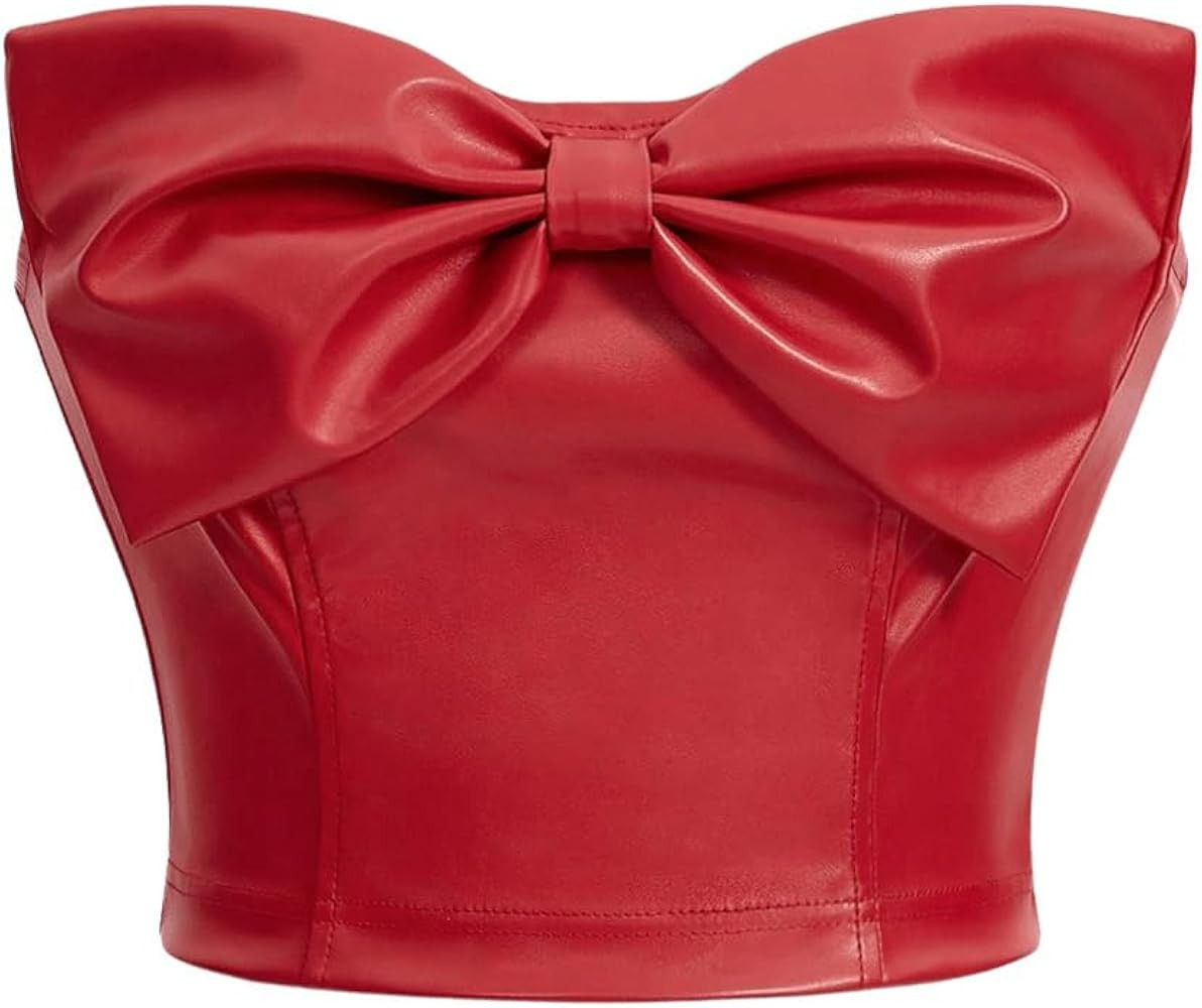 Verdusa Women's Strapless PU Leather Bow Front Zipper Crop Tube Top | Amazon (US)