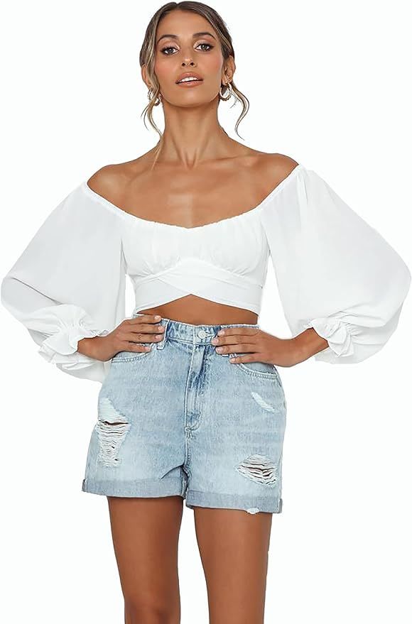 Auriviz Women Off The Shoulder Top Long Sleeve Crop Top Puff Sleeve Shirt Lantern Sleeve Tube Top... | Amazon (US)