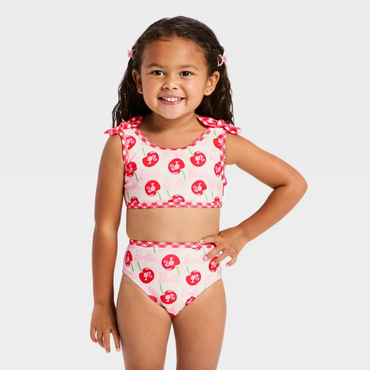 Toddler Girls' Barbie Cherry Print Bikini with Bows - Light Pink | Target