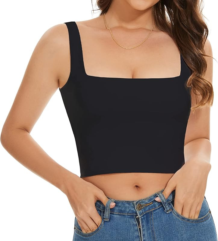 SanxiawaBa Women’s Sleeveless Crop Tops Square Neck Double Layer Workout Fitness Basic Cropped ... | Amazon (US)