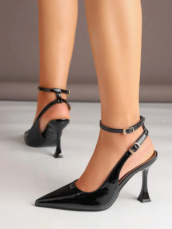 Women's Fashionable Red High Heels Pointed Toe Shoes With Metal Buckle And Back Strap | SHEIN