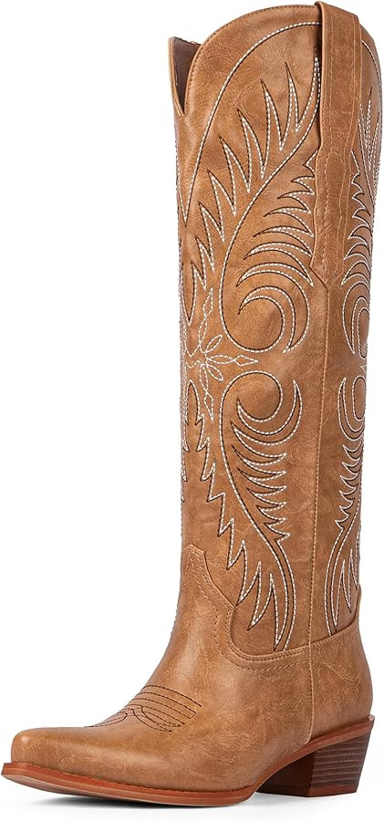 Modatope Cowboy Boots for Women Knee High Cowgirl Boots Embroidered Pointed Toe Chunky Heel Weste... | Amazon (US)