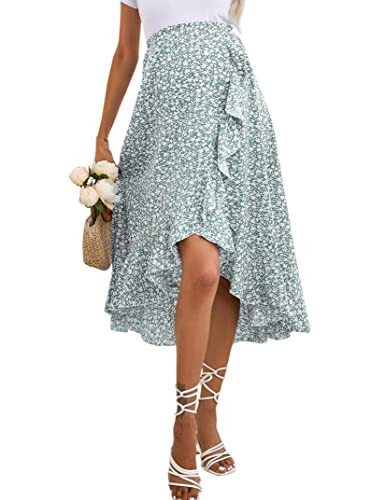 FUNJULY Women's Maternity Midi Skirt Pleated Elastic High Waist Summer Spring Boho Casual Ruffle Flowy Wrap Split Long Skirt Green Floral-v M | Amazon (US)