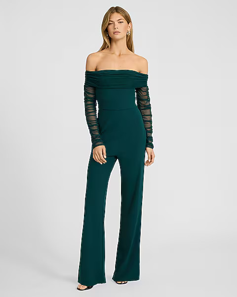 Ruched Mesh Off The Shoulder Wide Leg Jumpsuit | Express