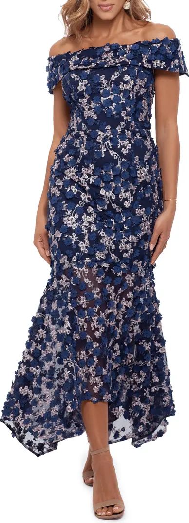 Xscape Raised Flower Off the Shoulder Flounce Midi Gown | Nordstrom | Nordstrom