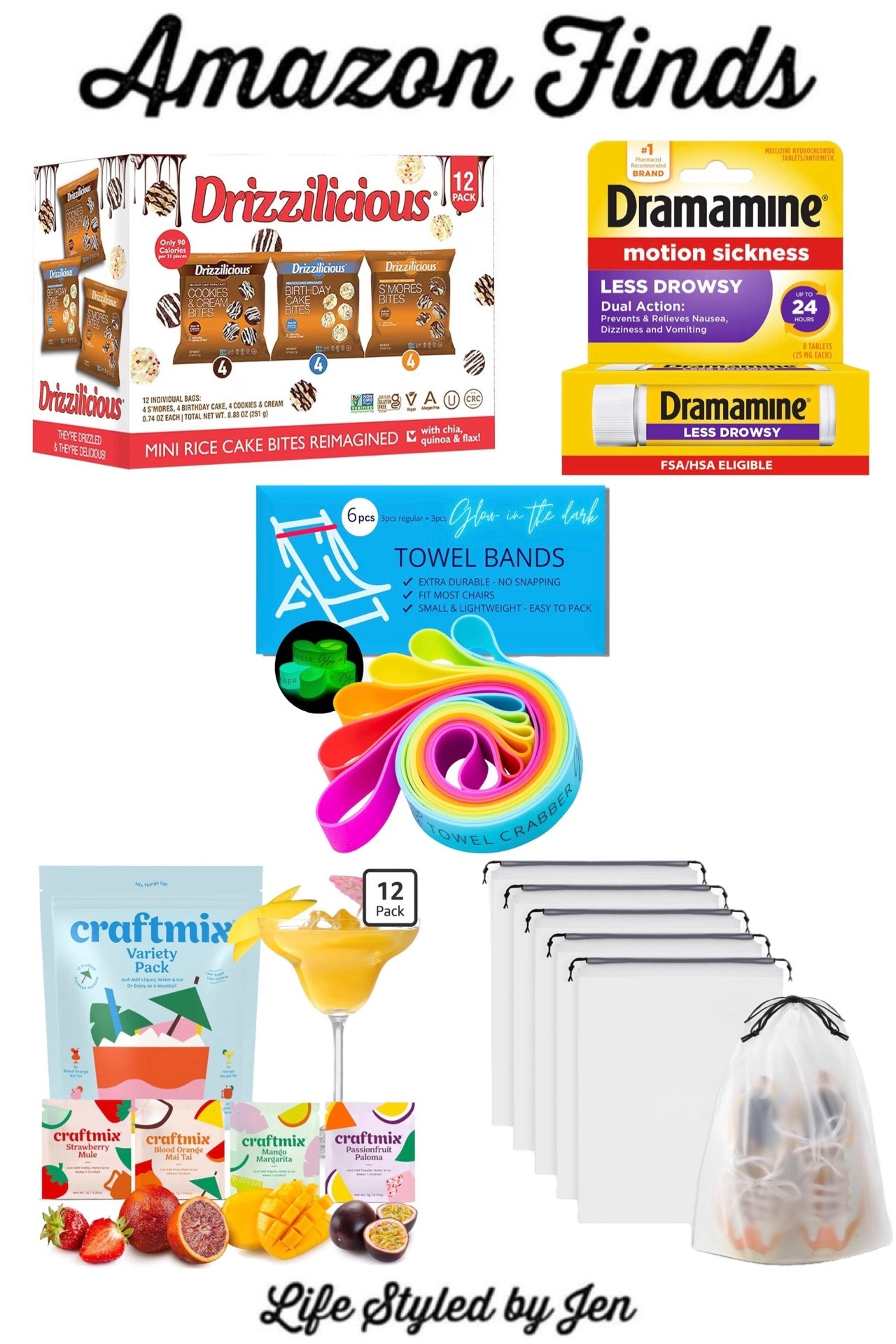 Time for this week’s Amazon Finds - five items from Amazon that are definitely worth checking out! 🎉

✔️ Drizzilicious Rice Cake Snacks - these are not the cardboard  rice cakes of old - these are a DELICIOUS healthy snack that doesn’t even taste like a rice cake 🙌🏻 Made of only good for you ingredients, and super low in sugar and calories, these are individual bags that are so perfect for snacking on the go or anytime a sweet tooth hits! 

✔️ Towel Bands - this is one of those items that just makes life easier 🏖️ After you put down a towel on a chair, you just put one of these super stretchy, durable bands around a chair - and it keeps it in place!! We all know how annoying it is to set a towel on a chair and then it flies off at the beach, pool or even at home. Excellent price for a 6 pack!

✔️ Craftmix Variety Pack Cocktail & Mocktail Drink Mixers 12 Pack - love these super easy to use drink mixes that make delicious cocktails or mocktails. 🍹 Just add to ice (on the rocks or blend) with any liquids you like, and you get a delicious low sugar drink! Individually packaged also so they’re easy to pack.

✔️ Dramamine Less Drowsy - I didn’t realize that this version existed until last year when I found it to take before flying. I am someone who absolutely hates turbulence and doesn’t do well with it, and this definitely provides a calming effect since you don’t feel it as much. Another item I highly recommend, and it’s perfect for shorter flights since it doesn’t make you drowsy!

✔️ Waterproof Travel Drawstring Shoe Bags - I prefer to keep shoes separate from clothing when packing, and these are such a handy way to do that. A 5 pack is only $6.99, and these are waterproof, durable drawstring shoe bags that are simply the best for traveling with, storing shoes, keeping in sports bags for dirty shoes, etc. 

#amazon #amazonfinds 

#LTKTravel #LTKSaleAlert #LTKHome