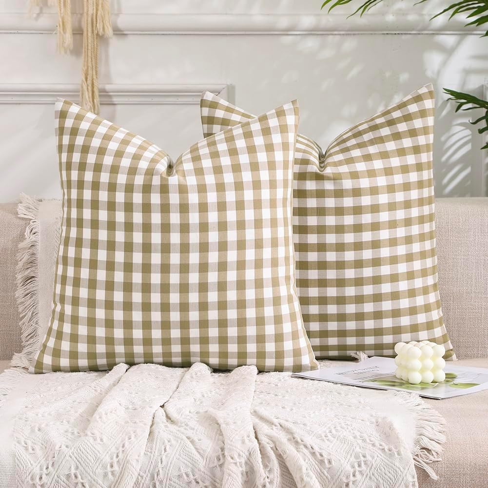 CARRIE HOME Brown Gingham Checkered Throw Pillow Covers 18x18 Set of 2, Neutral Modern Farmhouse ... | Amazon (US)