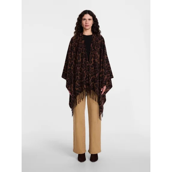 Scenario Women's Fringe Ruana, Mid-weight, Brown Leopard | Walmart (US)