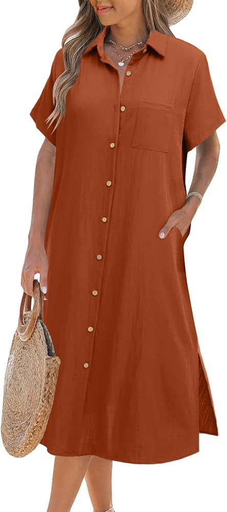 Zeagoo Womens Dress Summer Casual Short Sleeve Button Down Shirt Dress Beach Cover Up Dress with ... | Amazon (US)