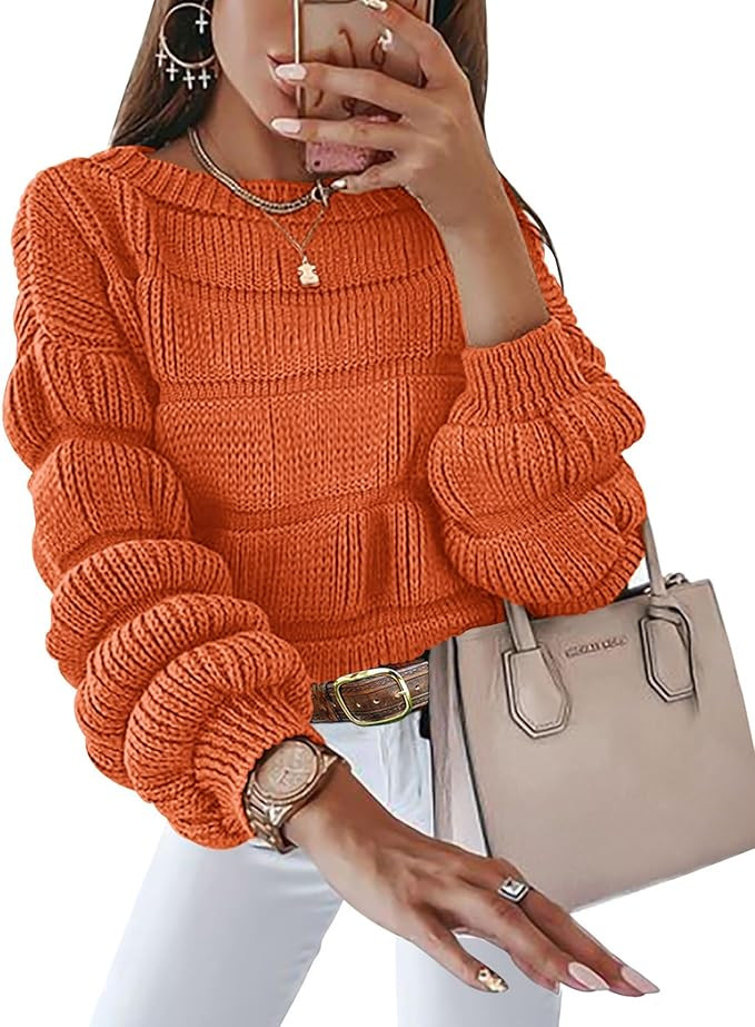 KIRUNDO Womens Sweaters 2023 Fashion Fall Winter Casual Puff Sleeve Crew Neck Loose Soft Chunky K... | Amazon (US)