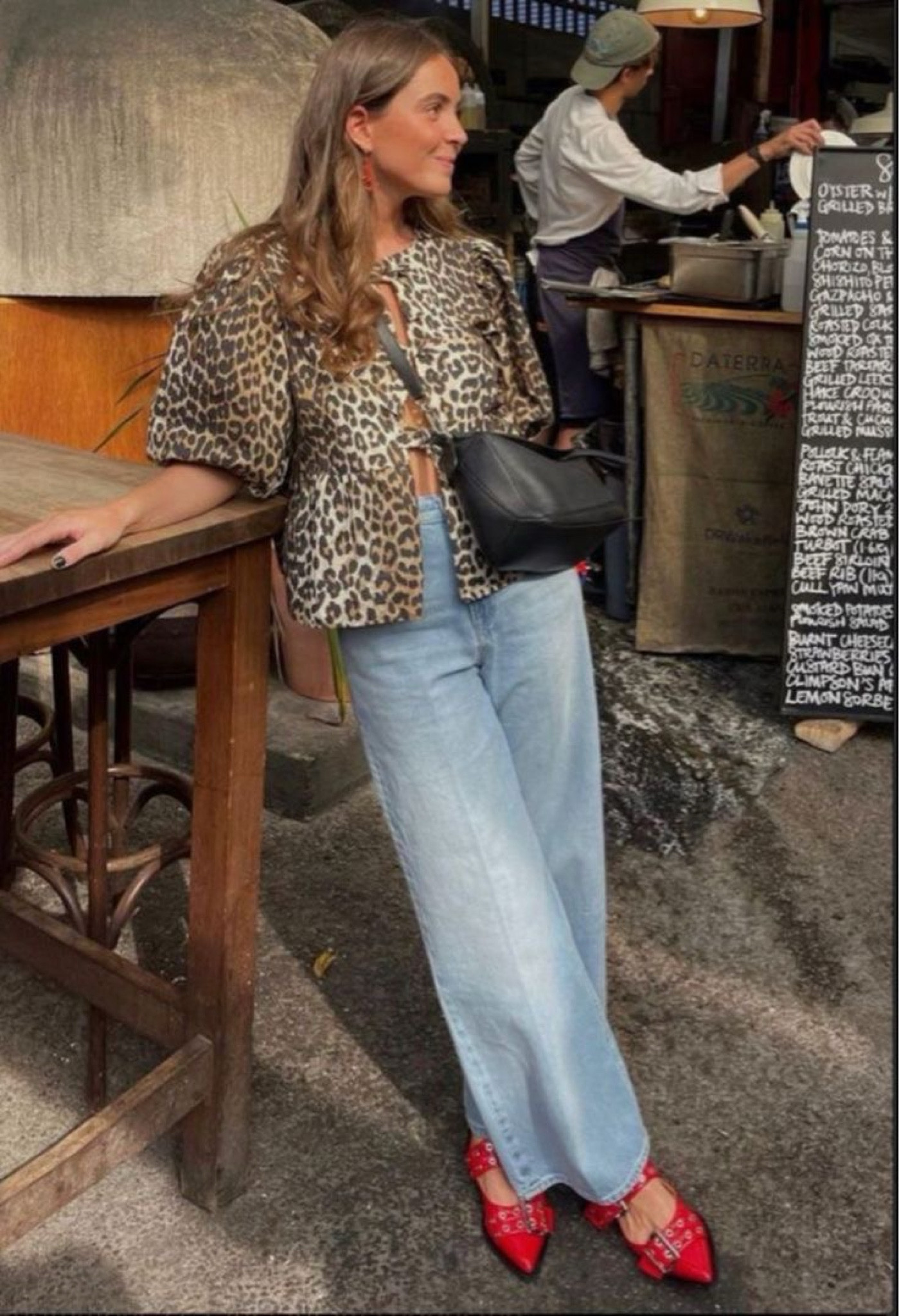 Leopard puff sleeve top with red sandals! 