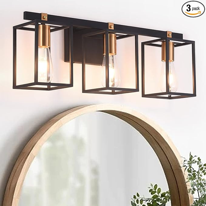 Liwuu Modern Industrial Bathroom Vanity Light Fixtures 3 Lights Black and Antique Brass Gold Meta... | Amazon (US)