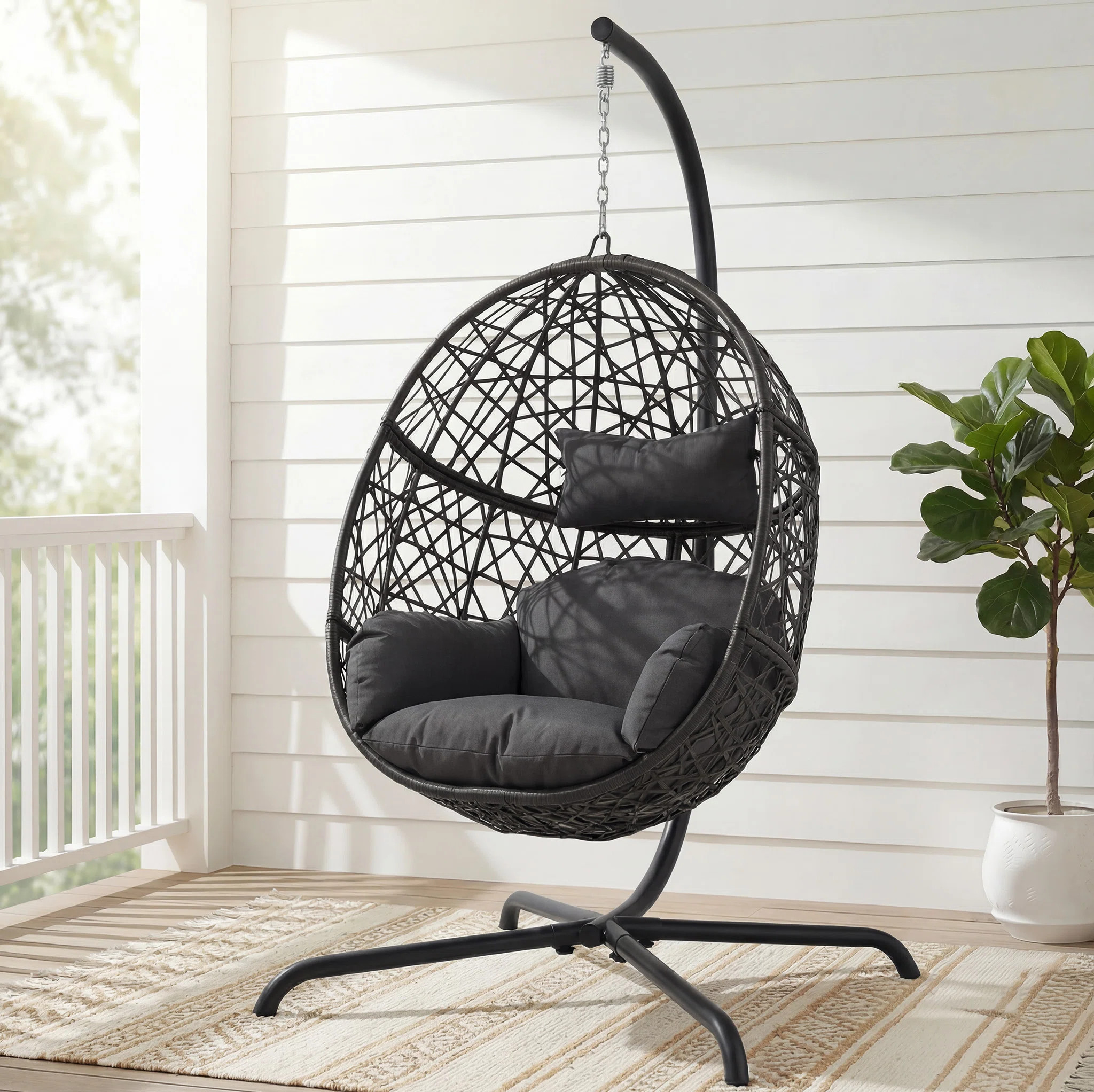 Chylie Outdoor / Indoor Oversized Hanging Egg Chair with Stand Wicker Porch Swing Chair with Cush... | Wayfair North America