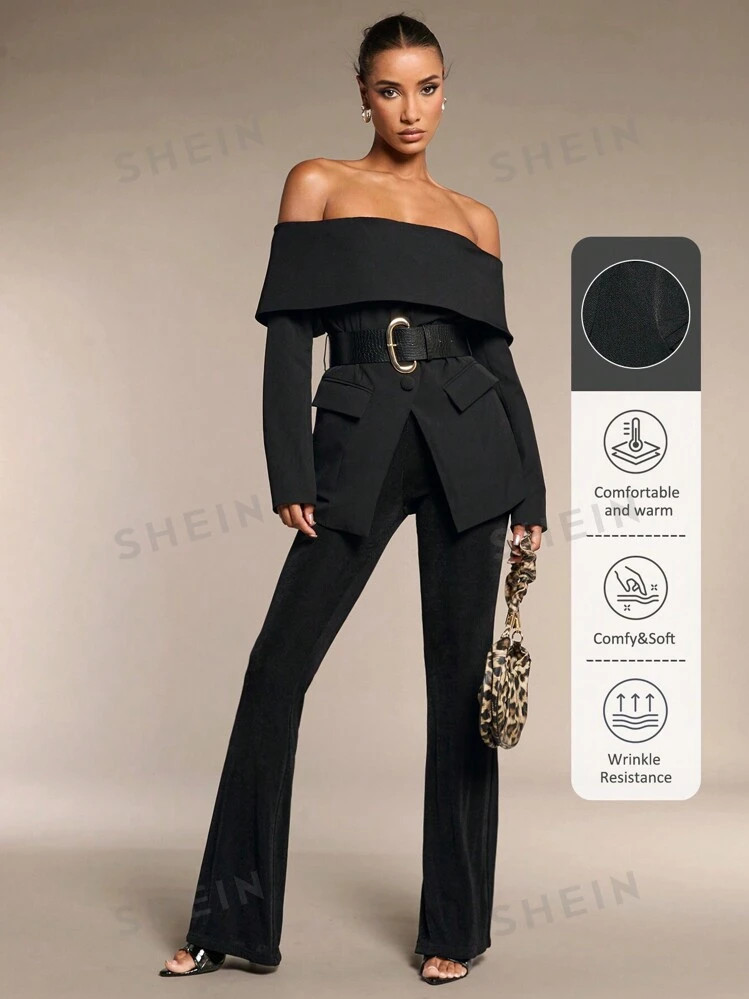 SHEIN BAE Women's Fashionable Off-The-Shoulder Blazer Belt Included Off Shoulder Winter Women Coa... | SHEIN