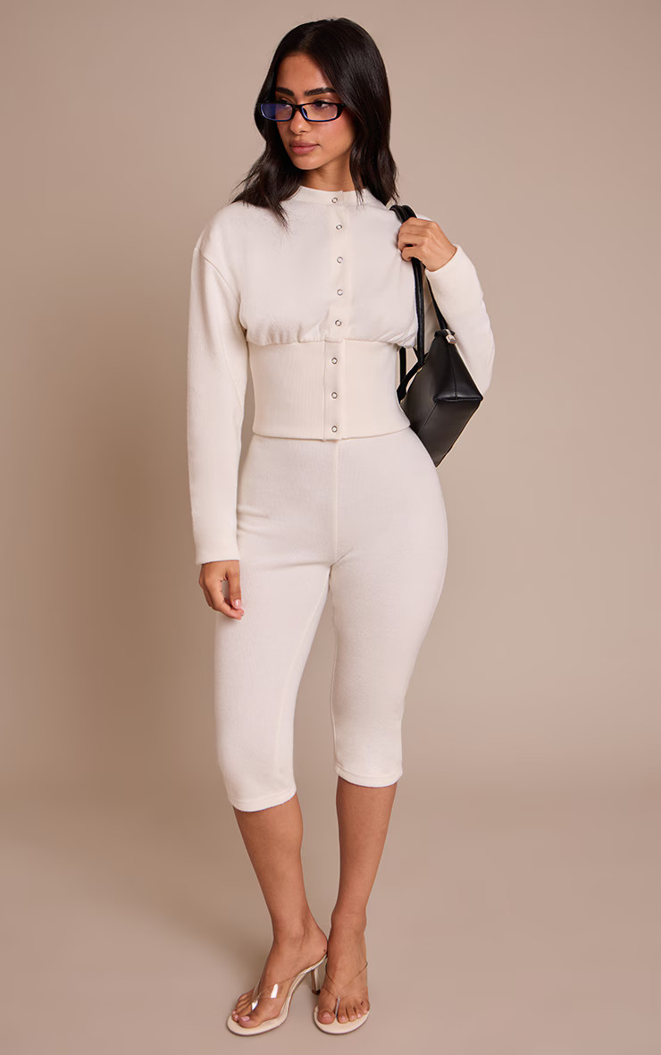 Petite Cream Ribbed Waistband Capri Pants | PrettyLittleThing UK