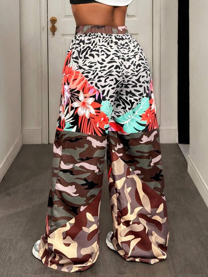 BamGleam Multi Colored Camouflage Contrasting Casual Pants Fall Cloth For Women | SHEIN
