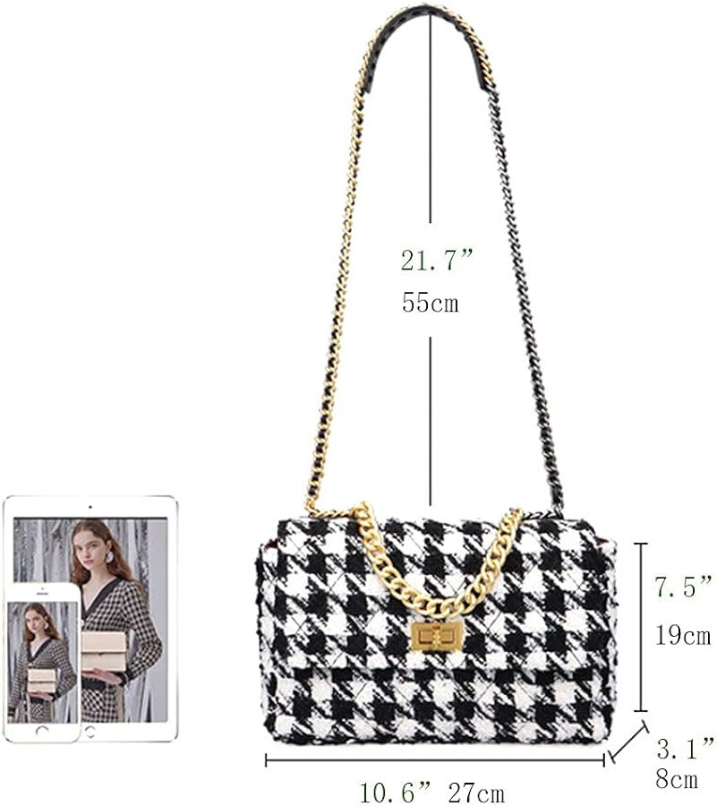 BERTY·PUYI PU Leather Black And White Houndstooth Ladies Shoulder Bag Autumn And Winter Fashion Woolen Cloth Crossbody Bag | Amazon (US)