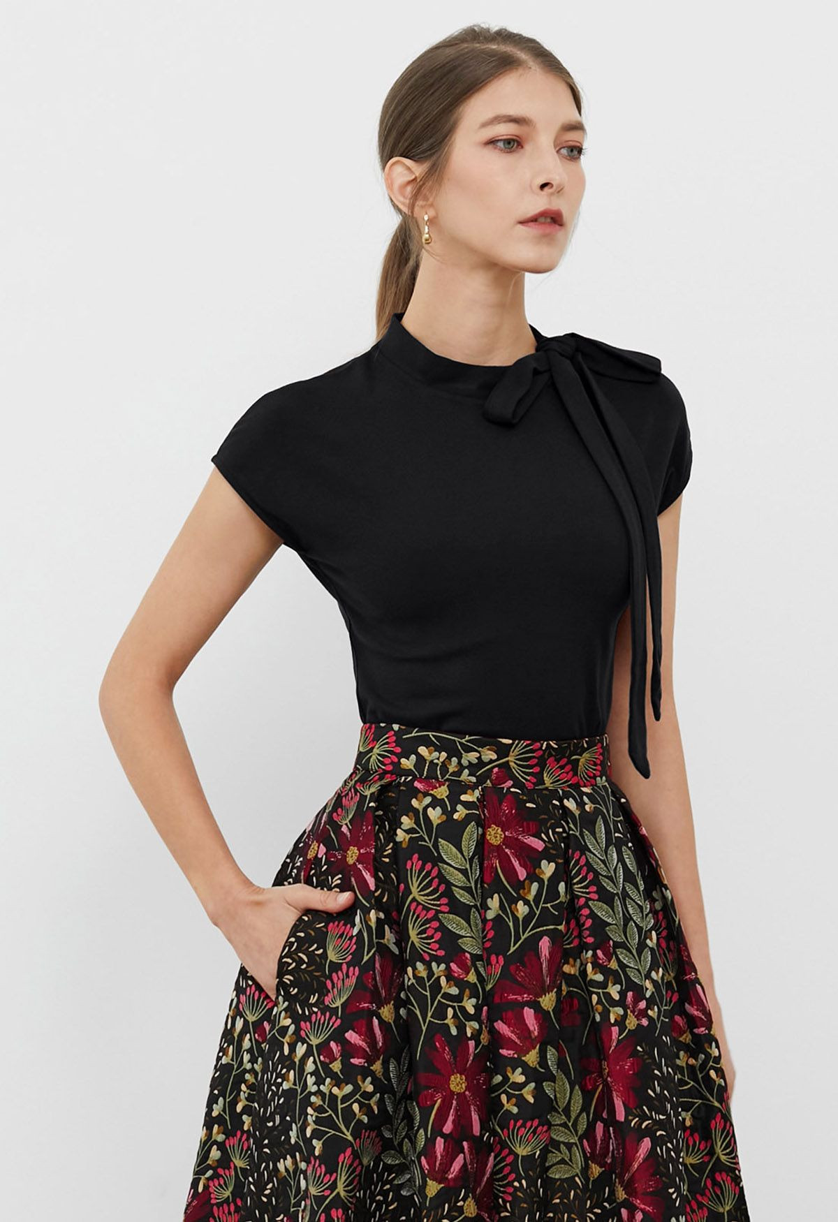 Bow-Tie Embellished Cap Sleeve Top in Black | Chicwish