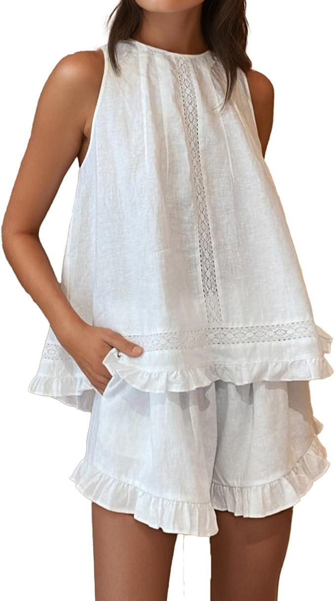 Womens Ruffle Pajama Set Cotton 2 Piece Sets Summer Sleeveless Lace Trim Top and Shorts | Amazon (US)