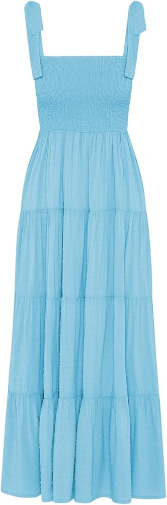kinstell Women's Summer Boho Spaghetti Strap Square Neck Ruffle Casual Flowy Long Dress Beach Swi... | Amazon (US)