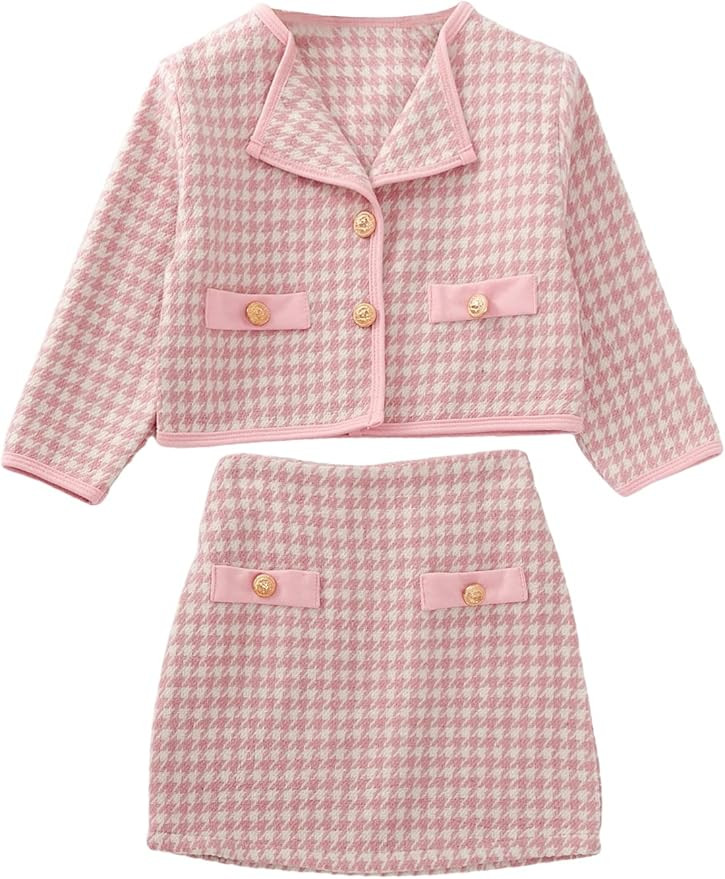 WDIRARA Toddler Girl's 2 Piece Houndstooth Button Front Long Sleeve Round Neck Jacket and Skirt O... | Amazon (US)