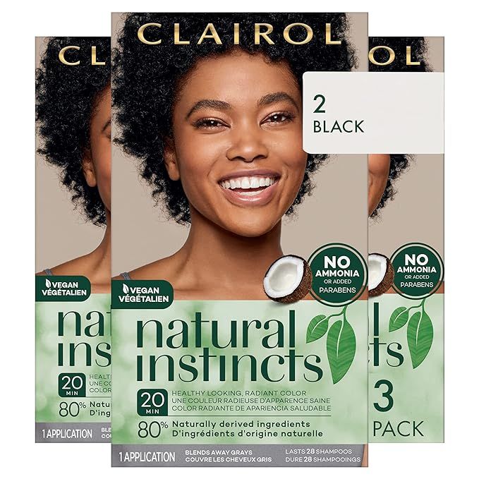 Clairol Natural Instincts Demi-Permanent Hair Dye, 2 Black Hair Color, Pack of 3 | Amazon (US)