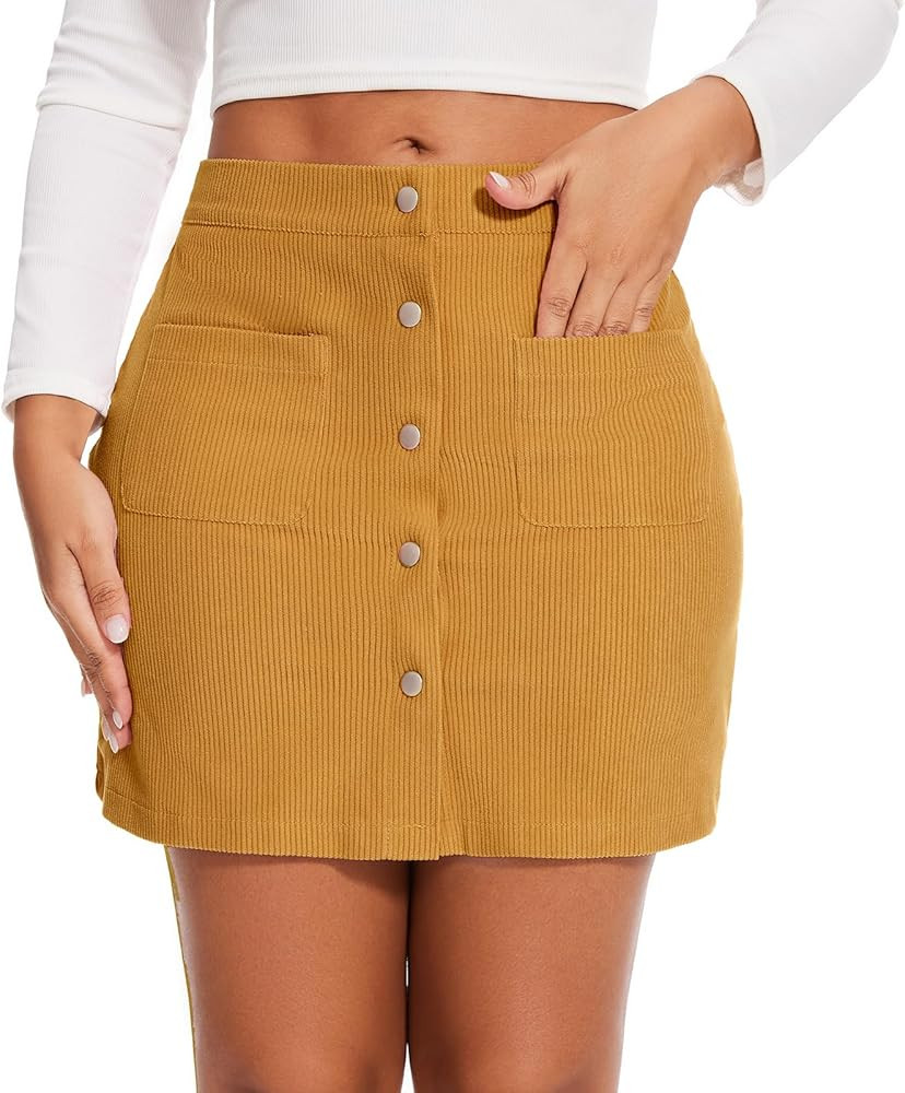 Womens Vintage High Waist Button Corduroy A-line Skirt Bodycon Mini Pencil Skirt with Pockets | Amazon (US)