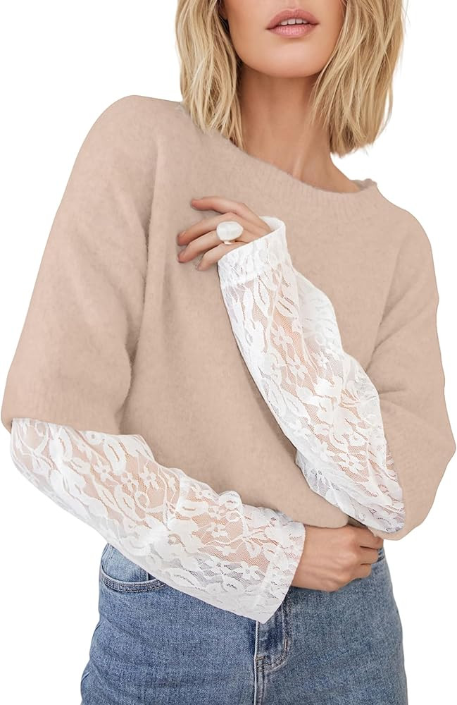 Women's Lace Long Sleeve Sweater Crewneck Casual Loose Ribbed Knit Top | Amazon (US)