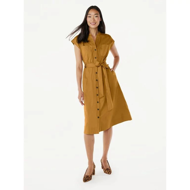 Free Assembly Women's Belted Utility Midi Shirtdress with Short Sleeves, Sizes XS-XXL | Walmart (US)